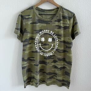 Lucky Brand Camo Camouflaged Happy Face Shamrock Graphic Tee Large